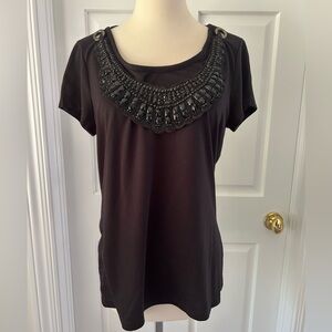 A.N.A. Black Embellished Women's Top T Shirt Beaded Tie On Necklace Large Y2K